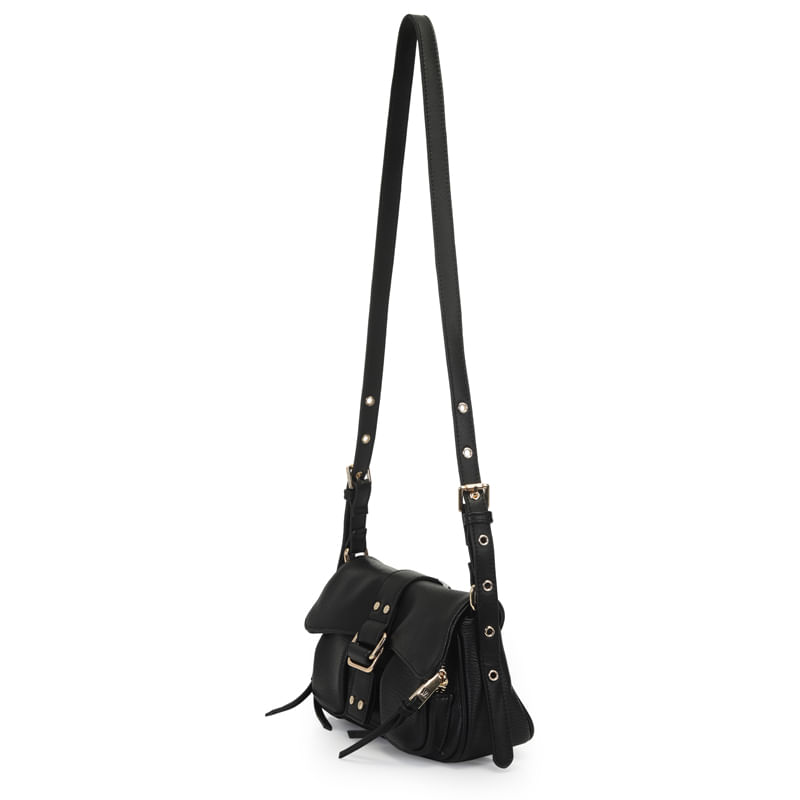 Bolsa feminina preta WJ modelo 46150 vista lateral mostrando profundidade e acabamento